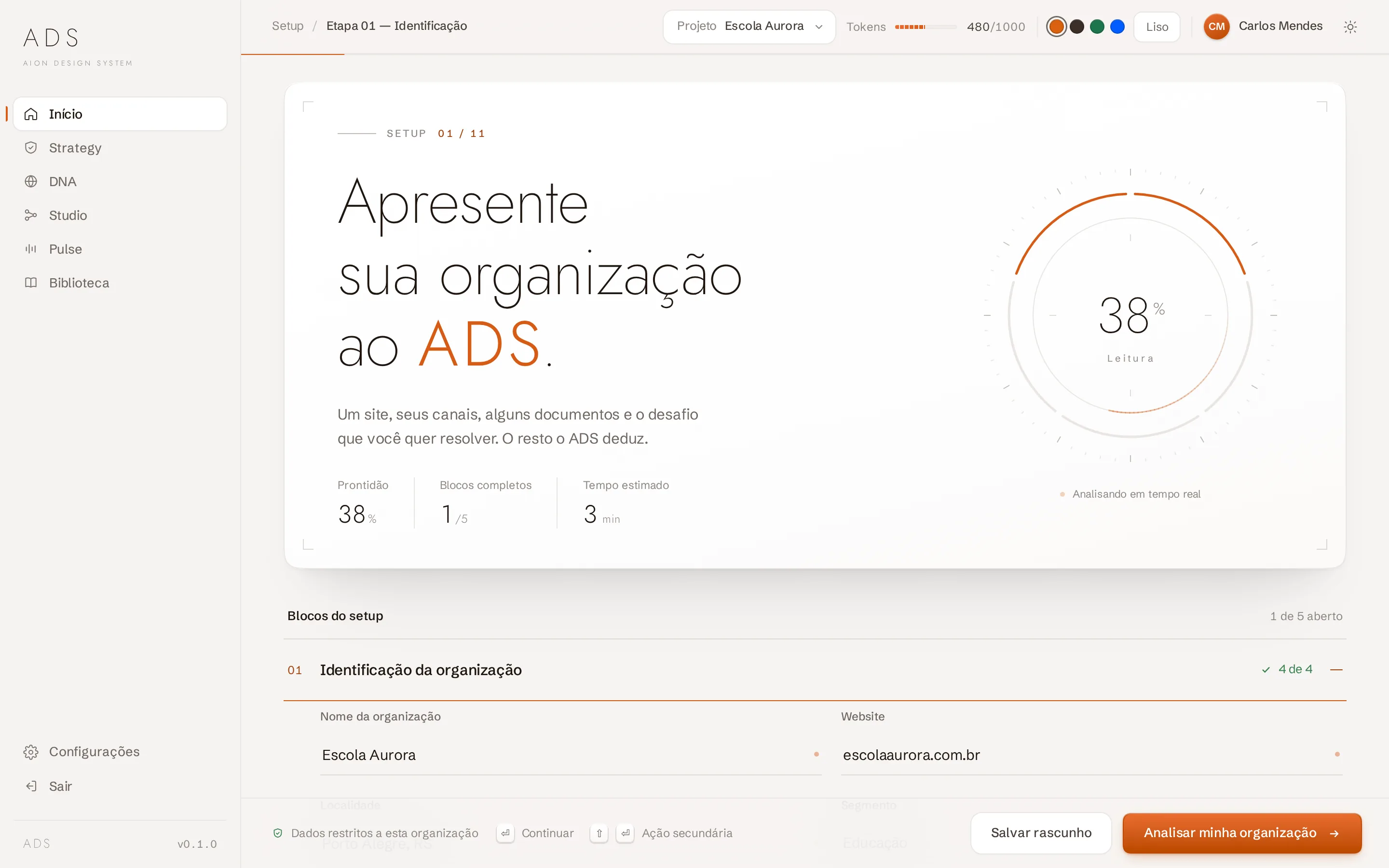 Tela inicial do ADS: o setup pede que a escola se apresente, com prontidão de 38% calculada em tempo real.