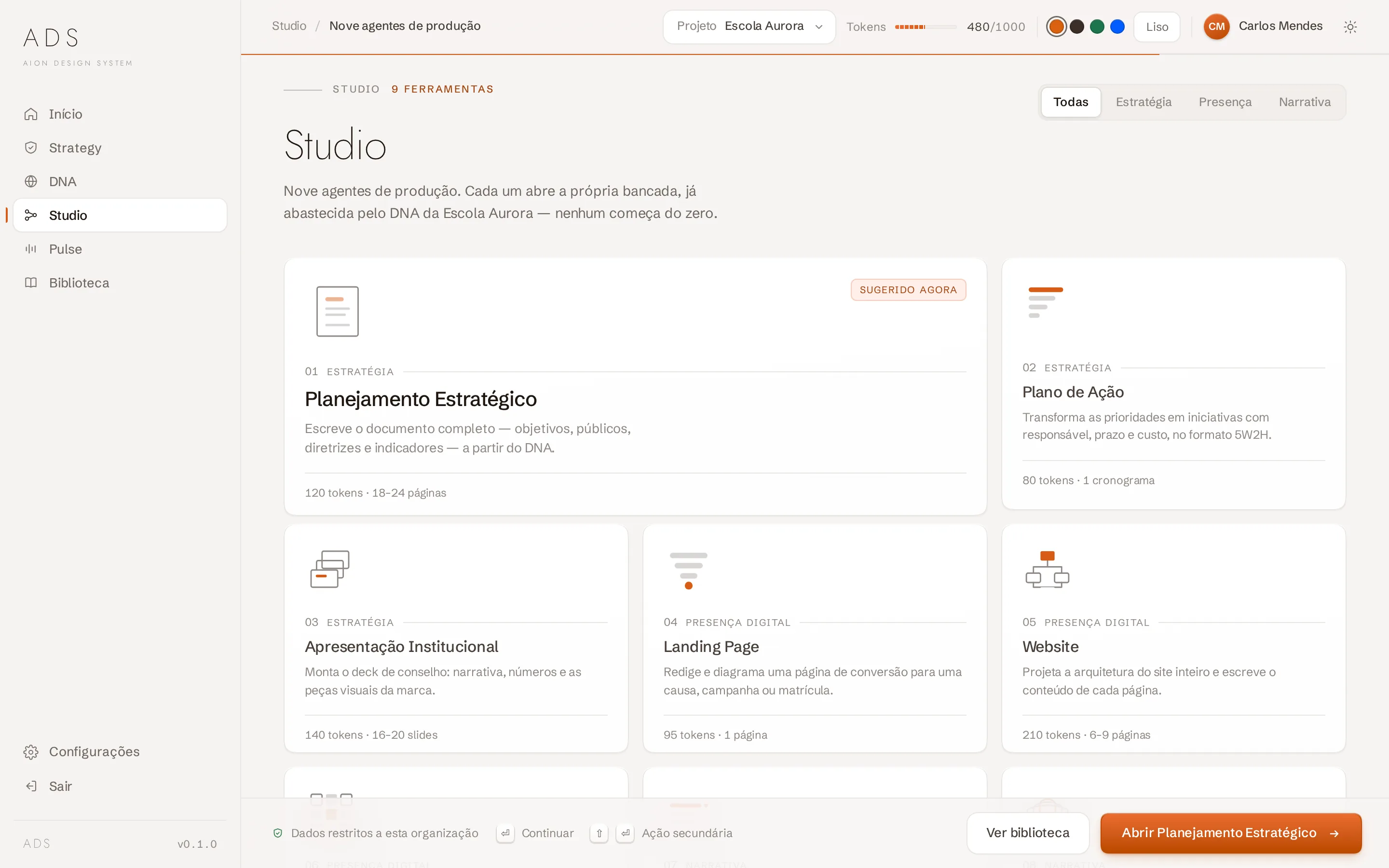 ADS Studio: nove agentes de produção, com o Planejamento Estratégico sugerido.
